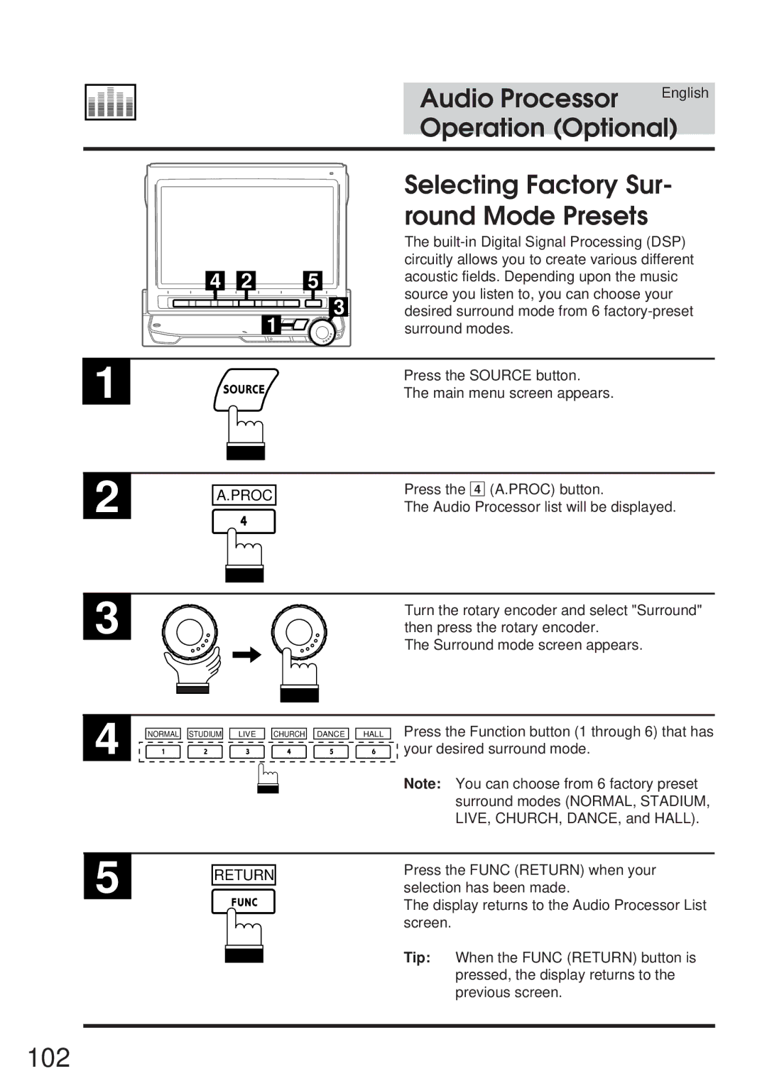 Alpine 68P21523Y62-B owner manual 102, Selecting Factory Sur, Round Mode Presets 