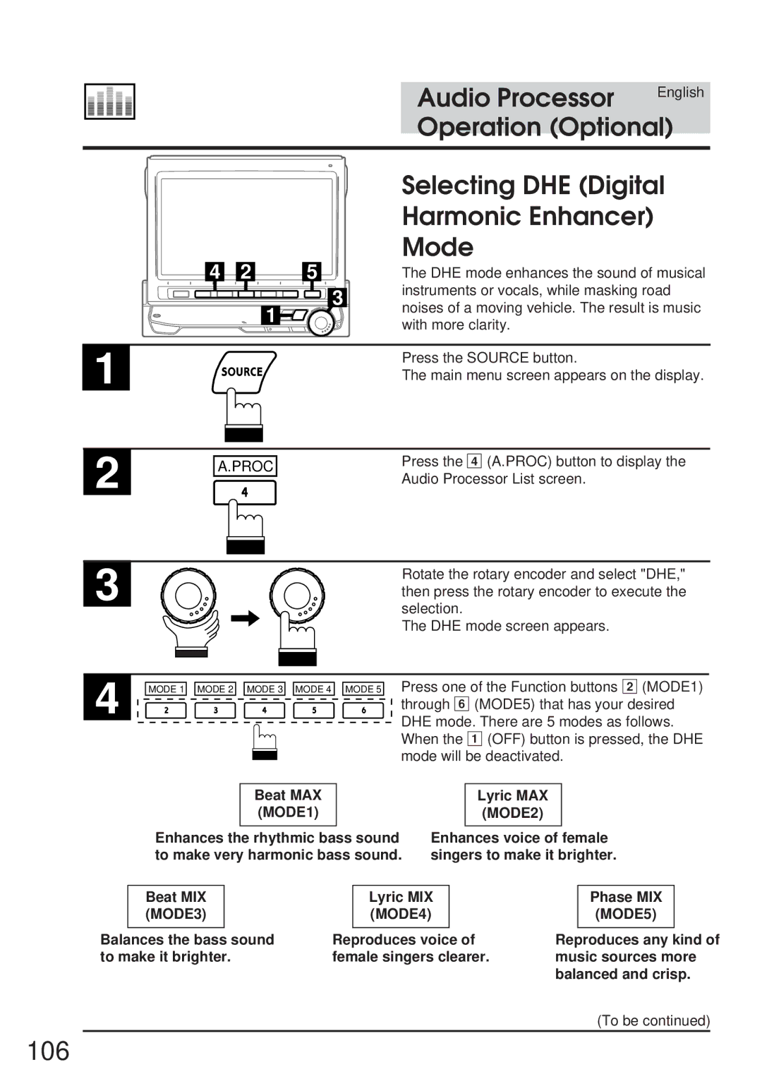 Alpine 68P21523Y62-B owner manual 106, Selecting DHE Digital Harmonic Enhancer Mode, Beat MAX MODE1 Lyric MAX 