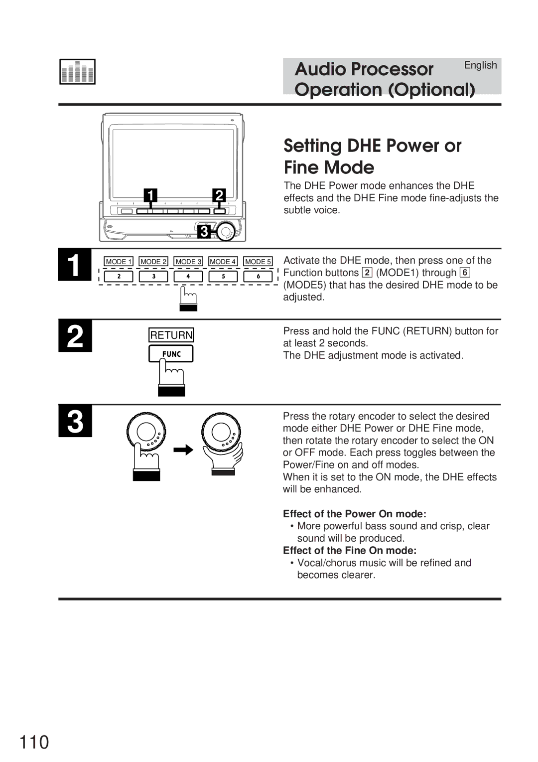 Alpine 68P21523Y62-B 110, Setting DHE Power or Fine Mode, Effect of the Power On mode, Effect of the Fine On mode 