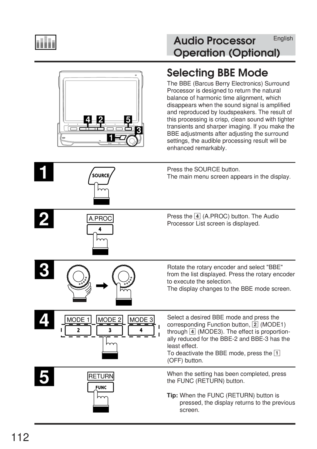 Alpine 68P21523Y62-B owner manual 112, Selecting BBE Mode 