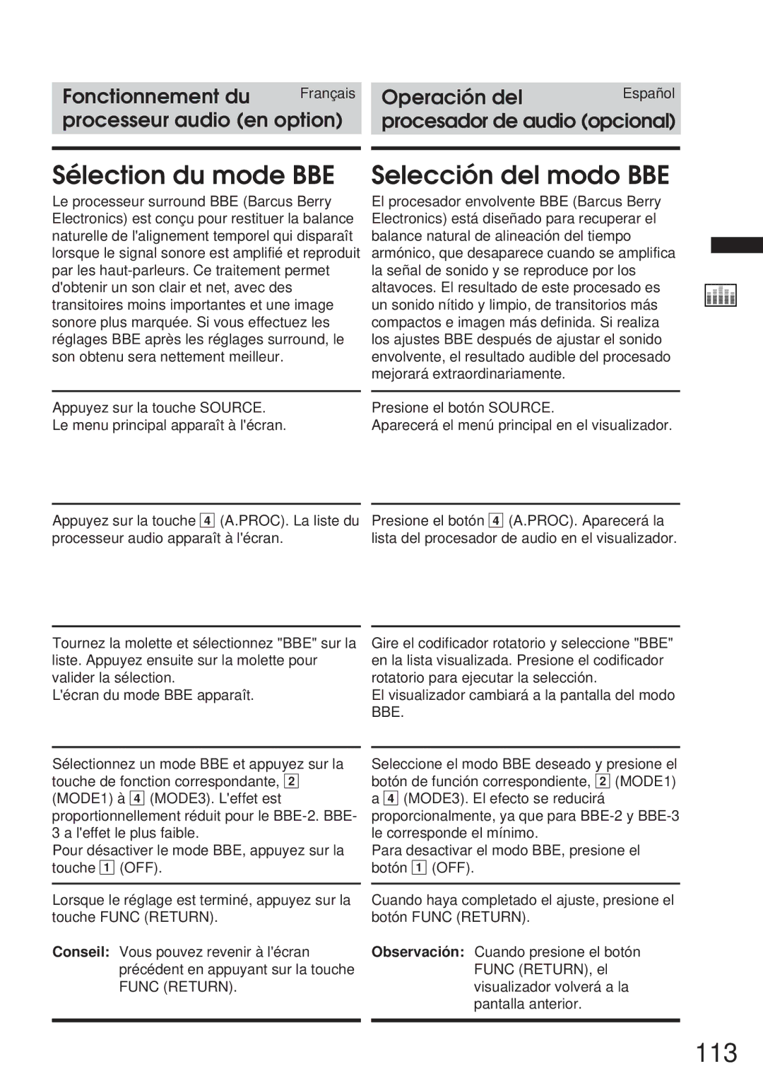 Alpine 68P21523Y62-B owner manual 113, Sélection du mode BBE, Selección del modo BBE, Func Return 