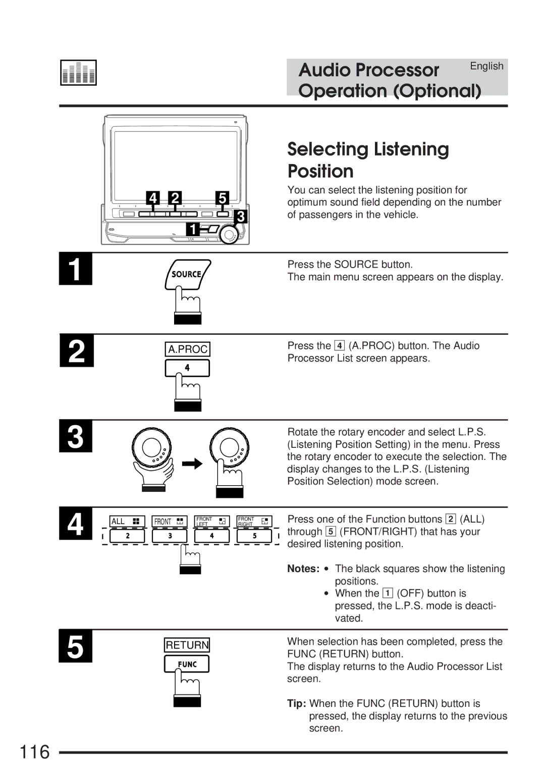 Alpine 68P21523Y62-B owner manual 116, Selecting Listening Position 