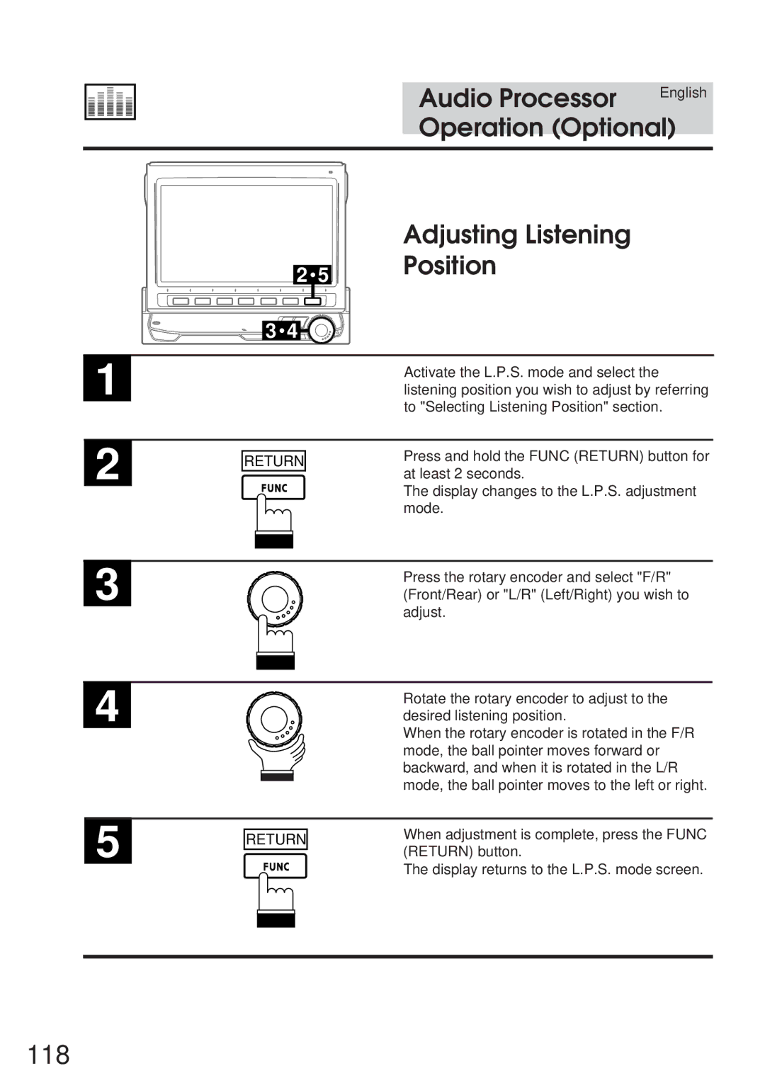 Alpine 68P21523Y62-B owner manual 118, Adjusting Listening, Position 