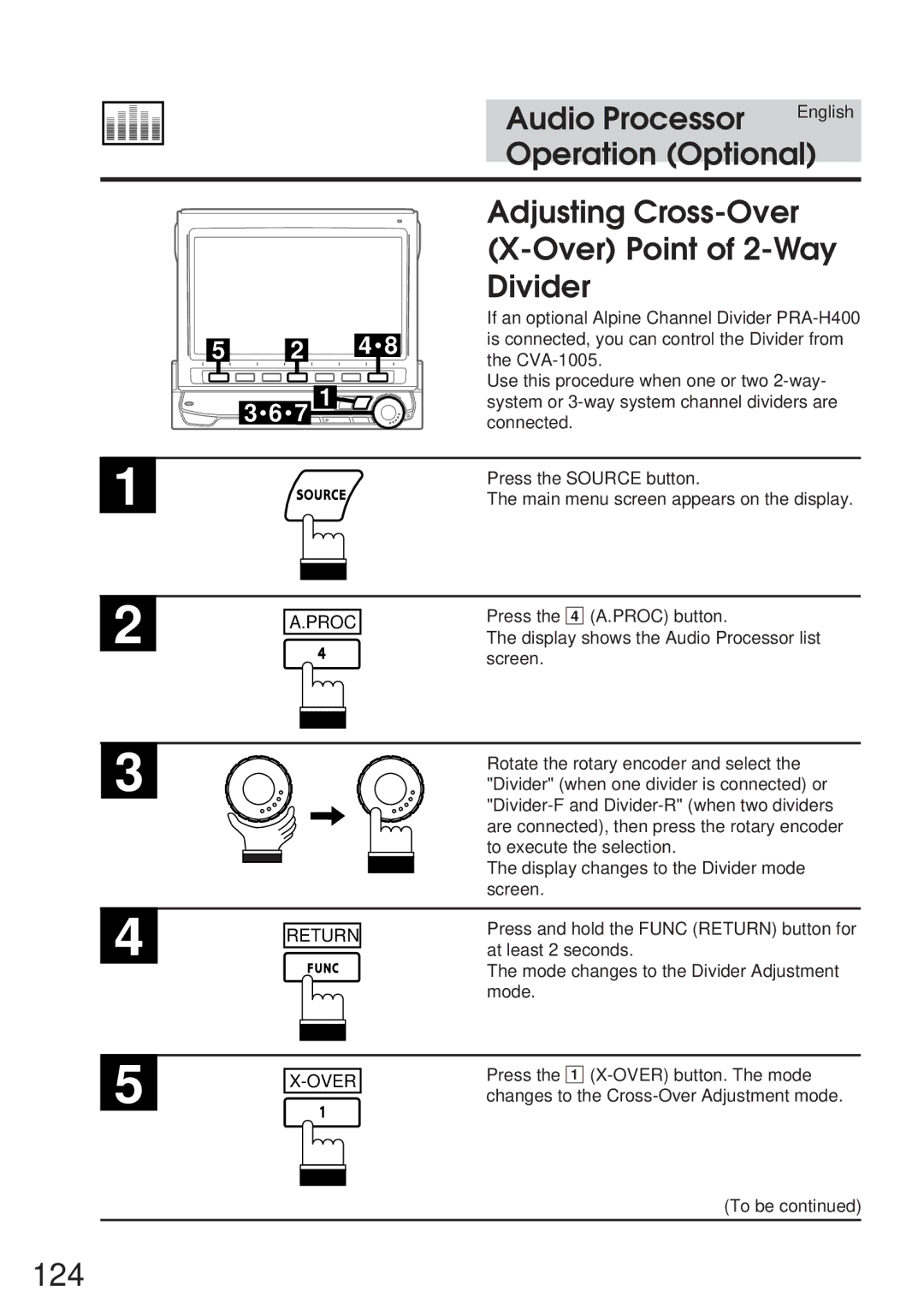 Alpine 68P21523Y62-B owner manual 124, Adjusting Cross-Over Over Point of 2-Way Divider 