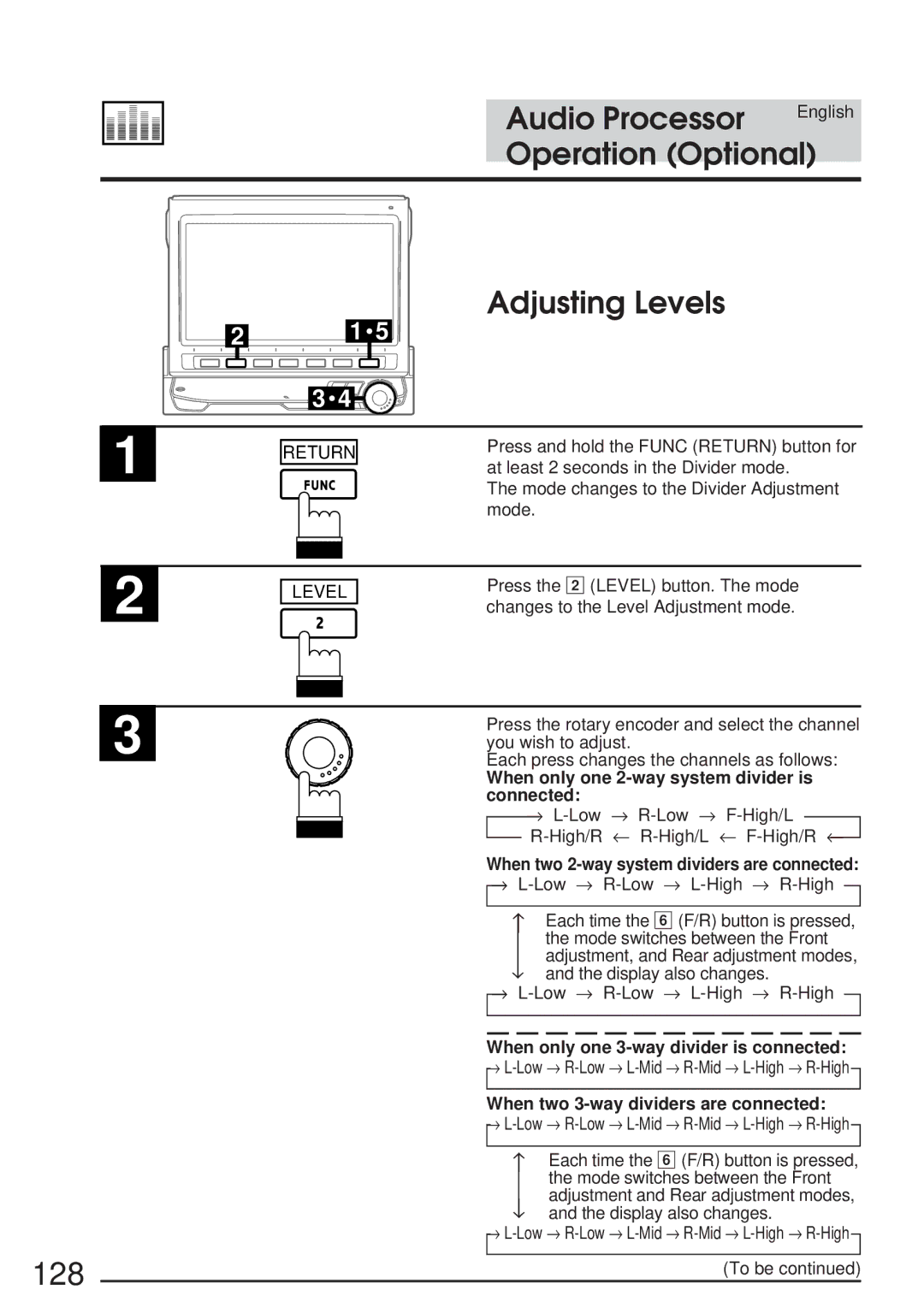 Alpine 68P21523Y62-B owner manual 128, Adjusting Levels, When only one 2-way system divider is connected 