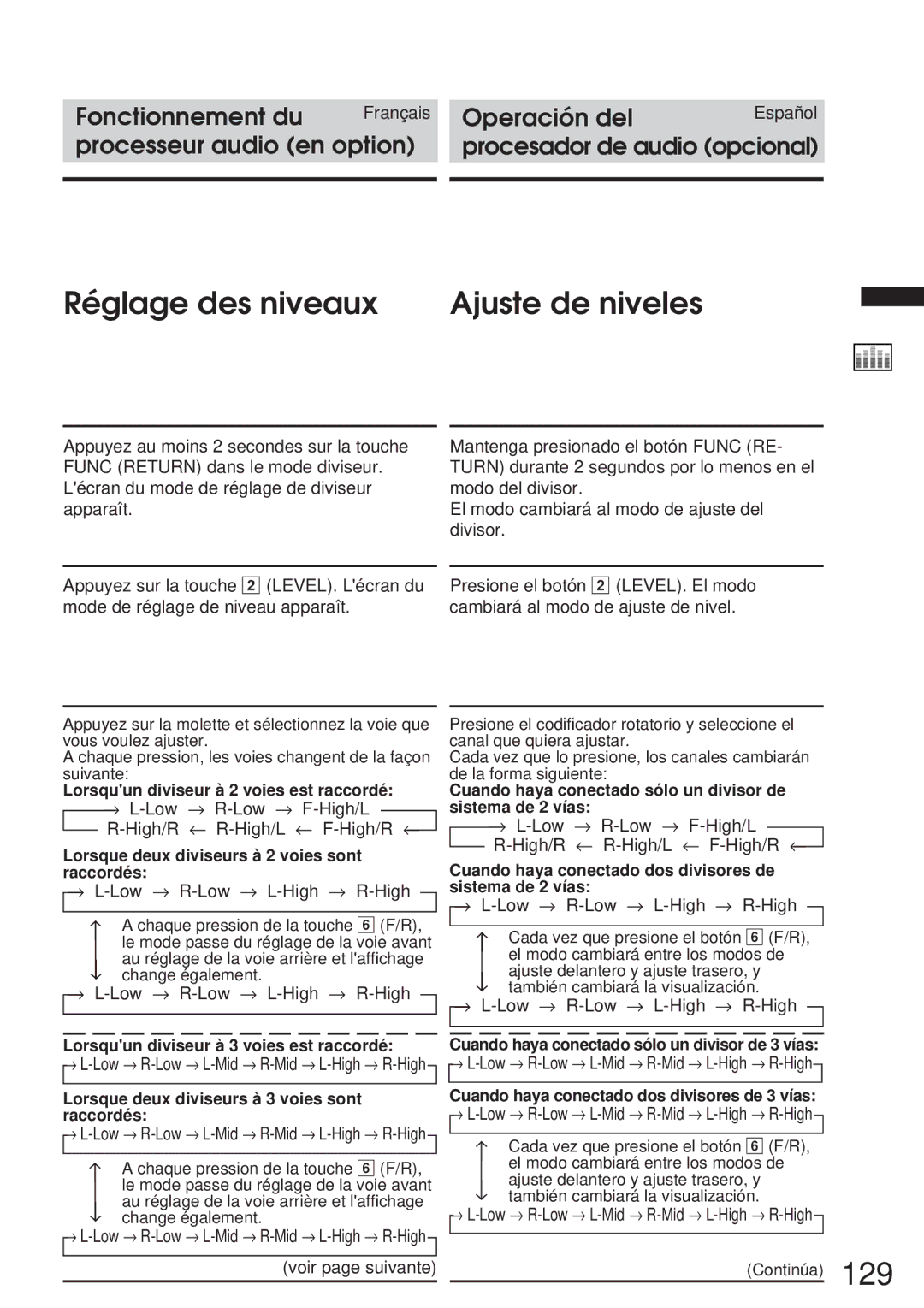 Alpine 68P21523Y62-B owner manual Réglage des niveaux Ajuste de niveles, Lorsque deux diviseurs à 3 voies sont raccordés 