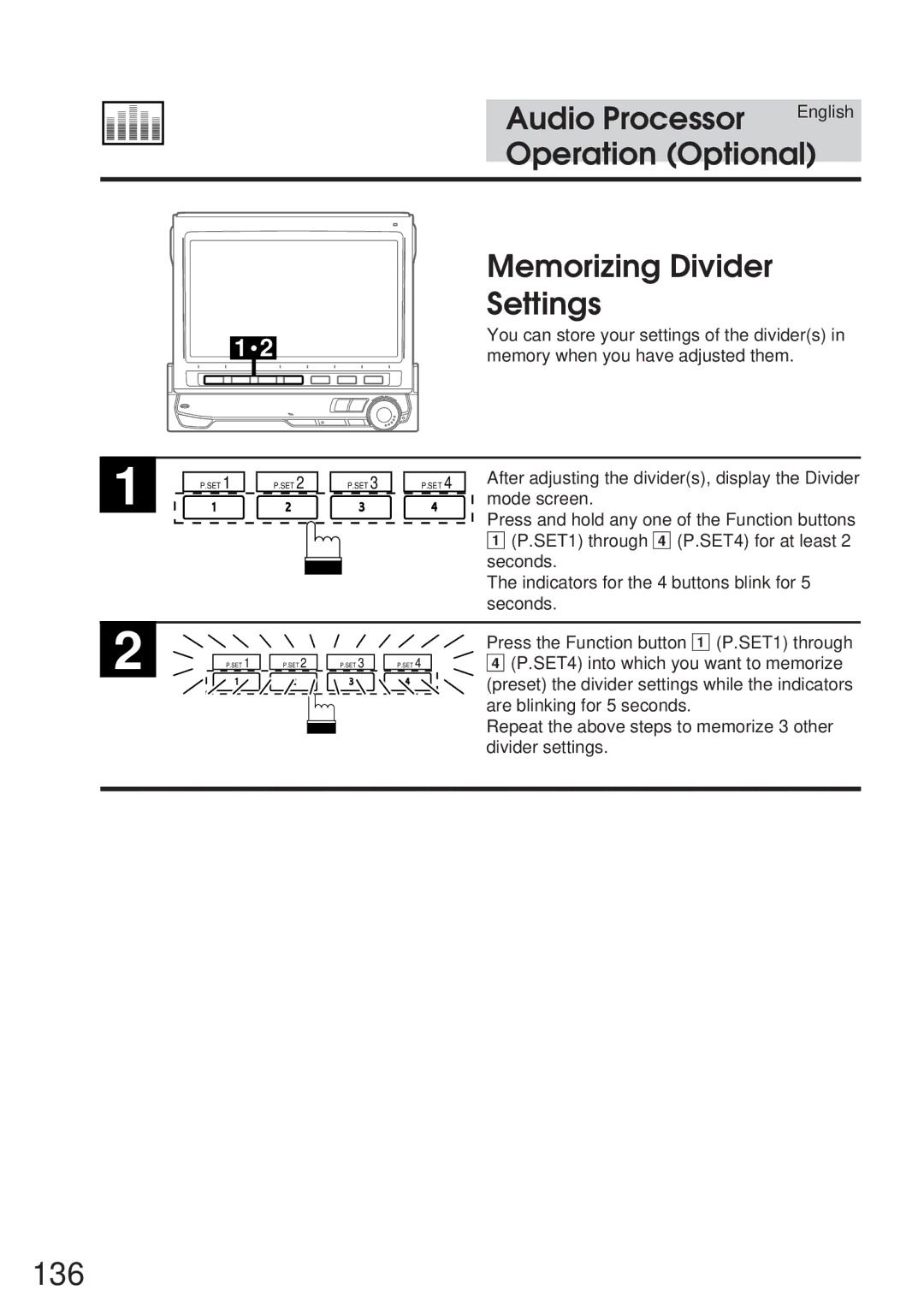 Alpine 68P21523Y62-B owner manual 136, Memorizing Divider Settings 