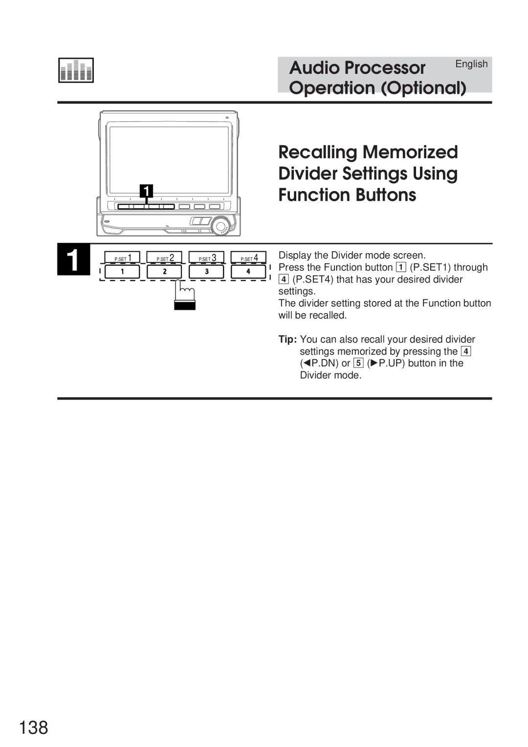 Alpine 68P21523Y62-B owner manual 138, Recalling Memorized, Divider Settings Using, Function Buttons 