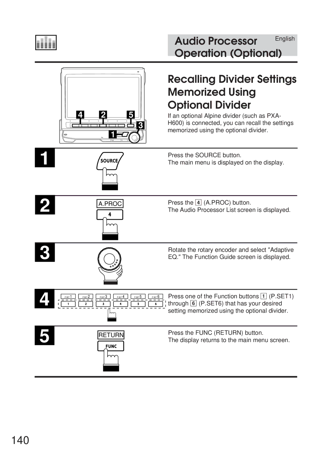 Alpine 68P21523Y62-B owner manual 140, Recalling Divider Settings Memorized Using Optional Divider 