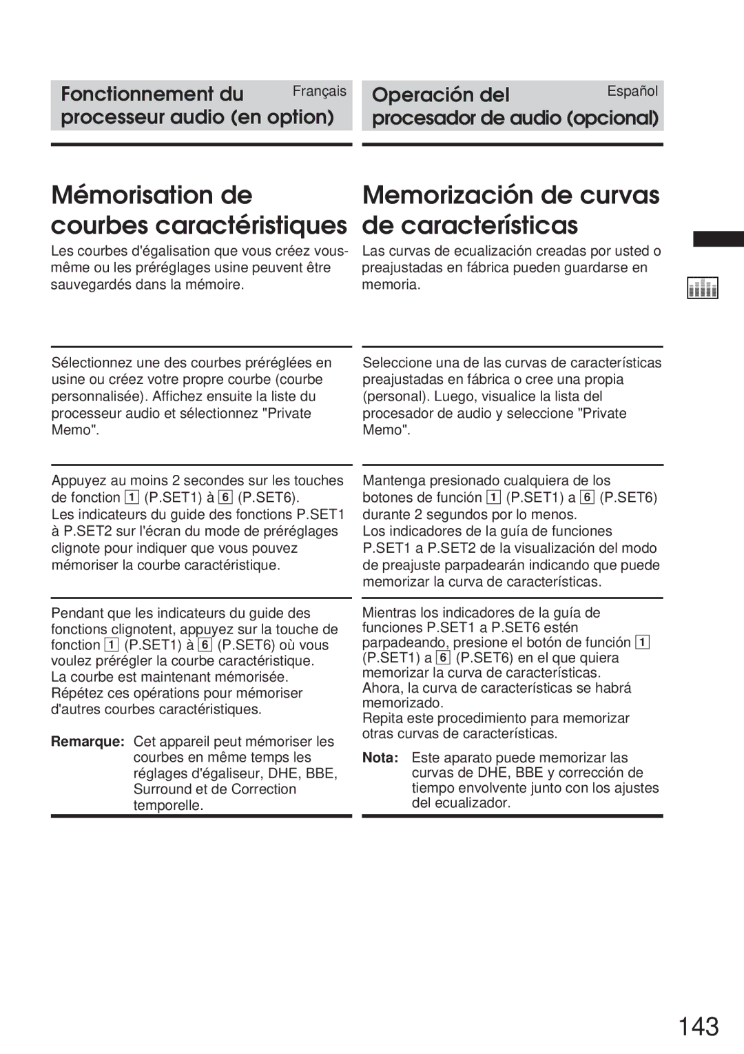 Alpine 68P21523Y62-B owner manual 143, Mémorisation de courbes caractéristiques, Memorización de curvas de características 