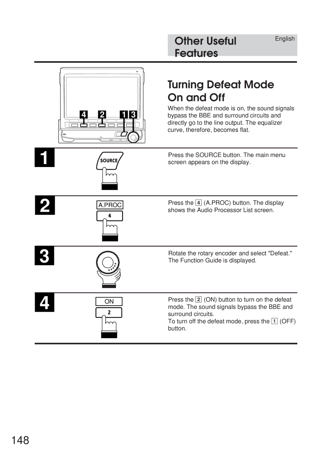 Alpine 68P21523Y62-B owner manual 148, Turning Defeat Mode, On and Off 