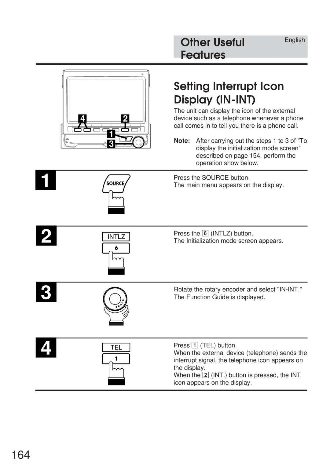 Alpine 68P21523Y62-B owner manual 164, Setting Interrupt Icon Display IN-INT, Tel 