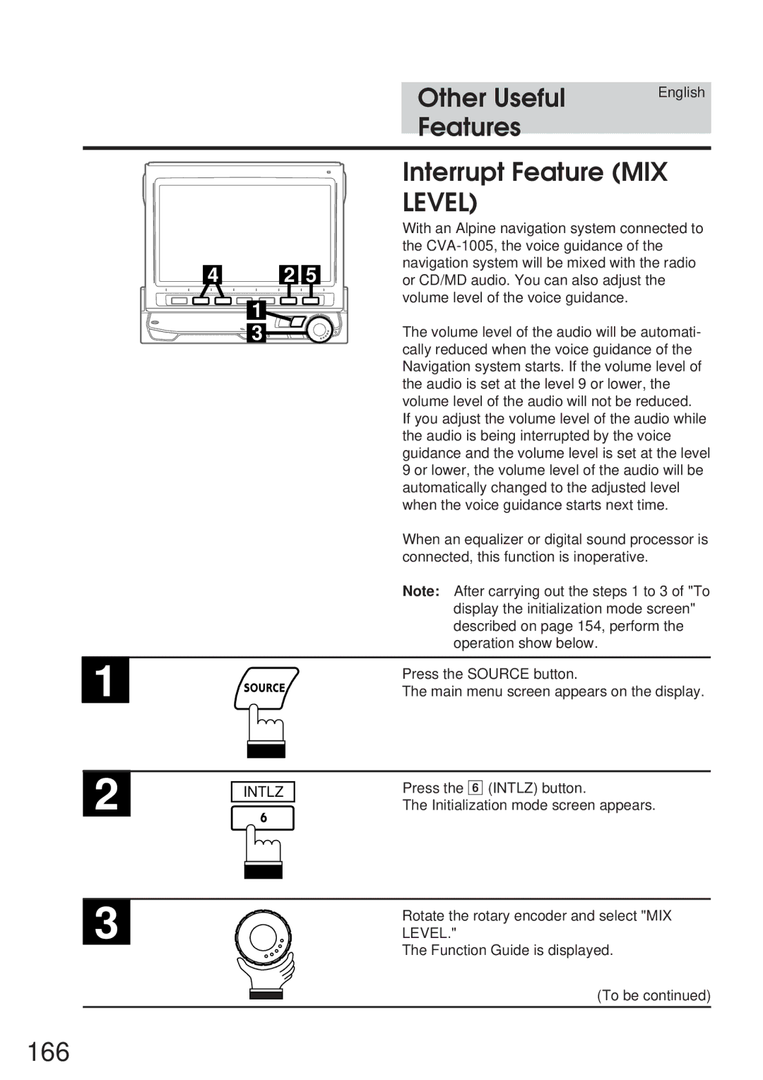 Alpine 68P21523Y62-B owner manual 166, Features Interrupt Feature MIX 