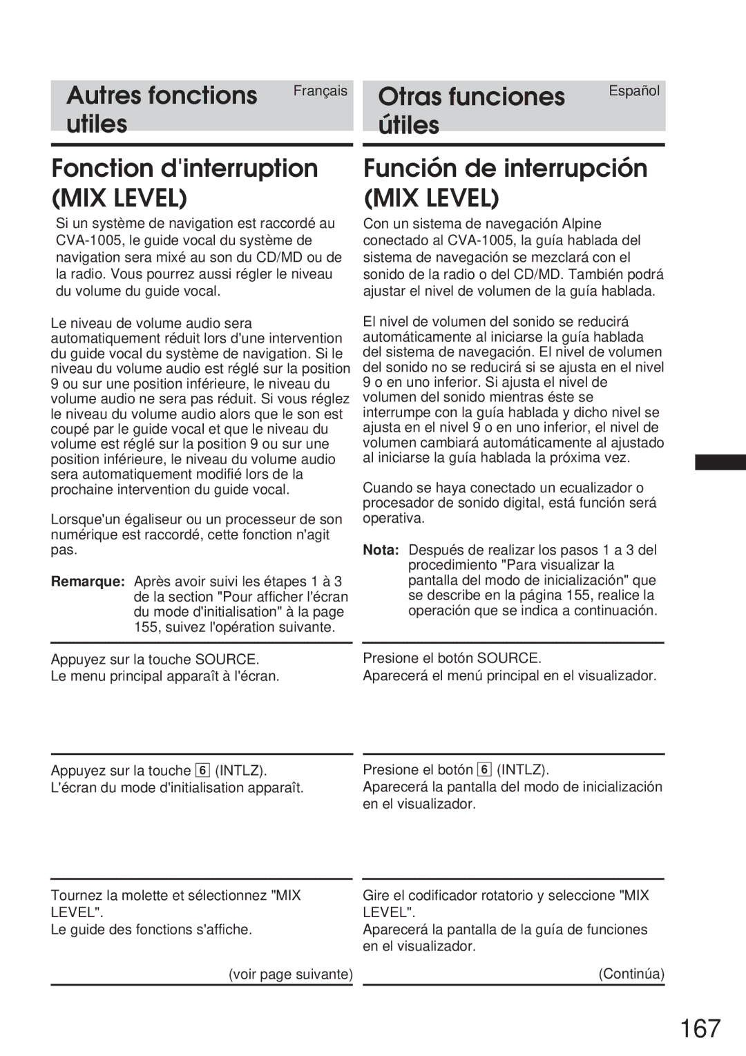 Alpine 68P21523Y62-B owner manual 167, Utiles Útiles Fonction dinterruption MIX Level, Función de interrupción MIX Level 