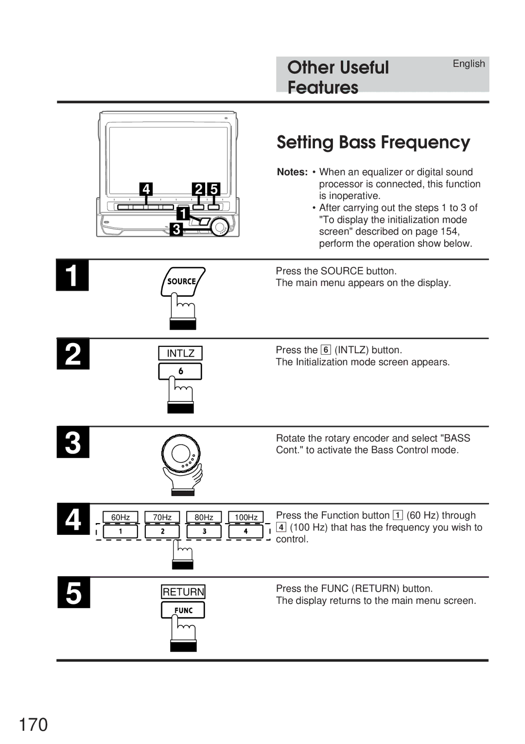 Alpine 68P21523Y62-B owner manual 170, Features Setting Bass Frequency 