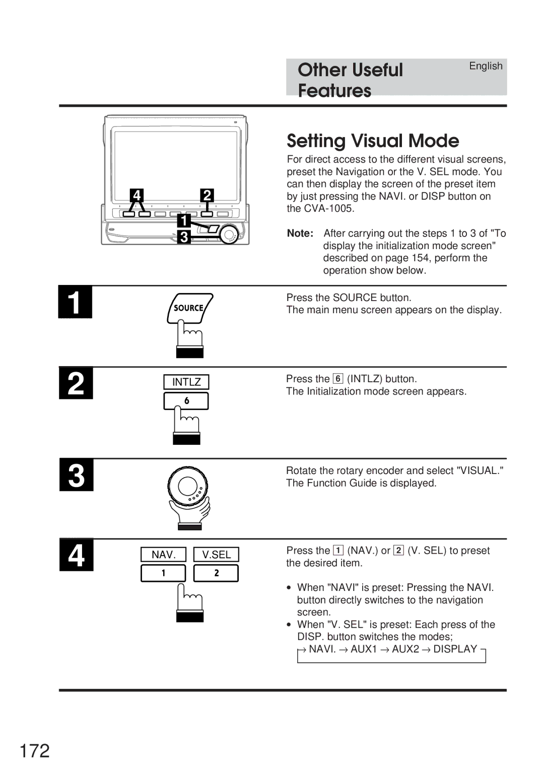 Alpine 68P21523Y62-B owner manual 172, Setting Visual Mode, Nav Sel, → NAVI. → AUX1 → AUX2 → Display 