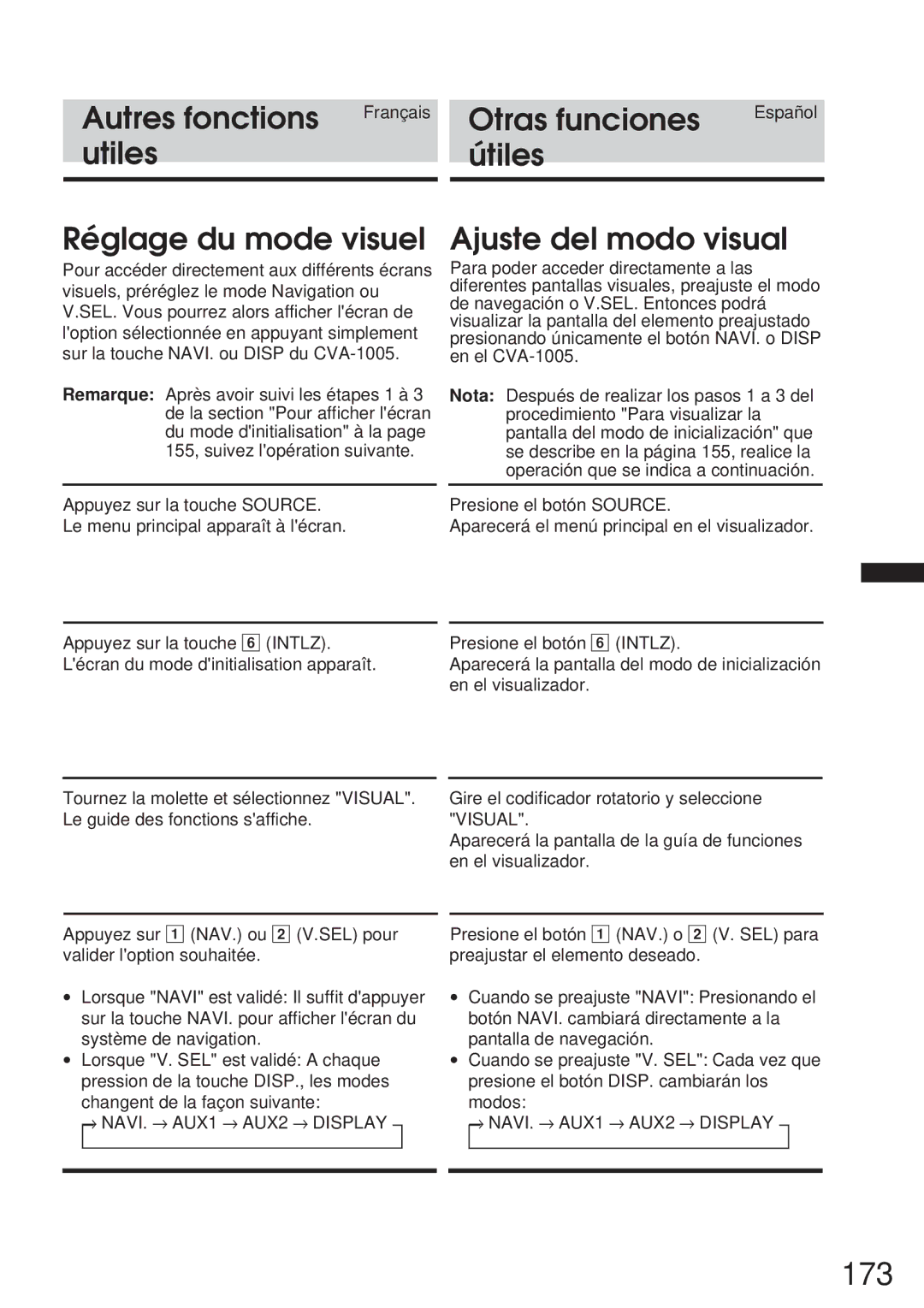 Alpine 68P21523Y62-B owner manual 173, Utiles Útiles Réglage du mode visuel, Ajuste del modo visual 