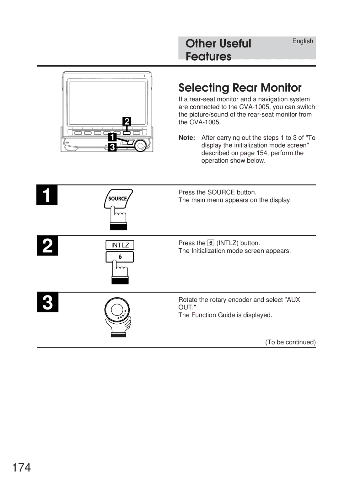 Alpine 68P21523Y62-B owner manual 174, Features Selecting Rear Monitor, Out 