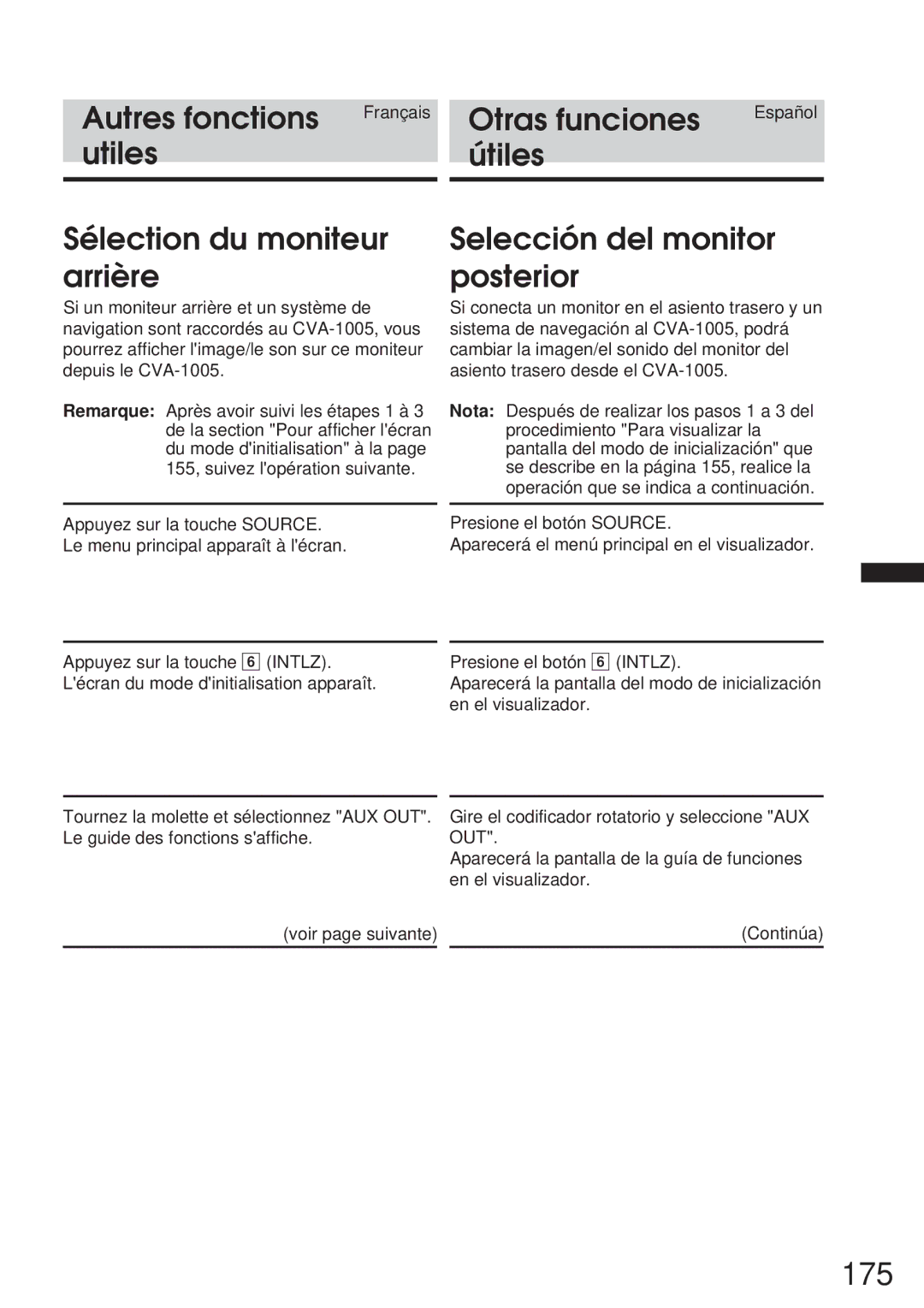 Alpine 68P21523Y62-B owner manual 175, Utiles Útiles Sélection du moniteur arrière, Selección del monitor posterior 