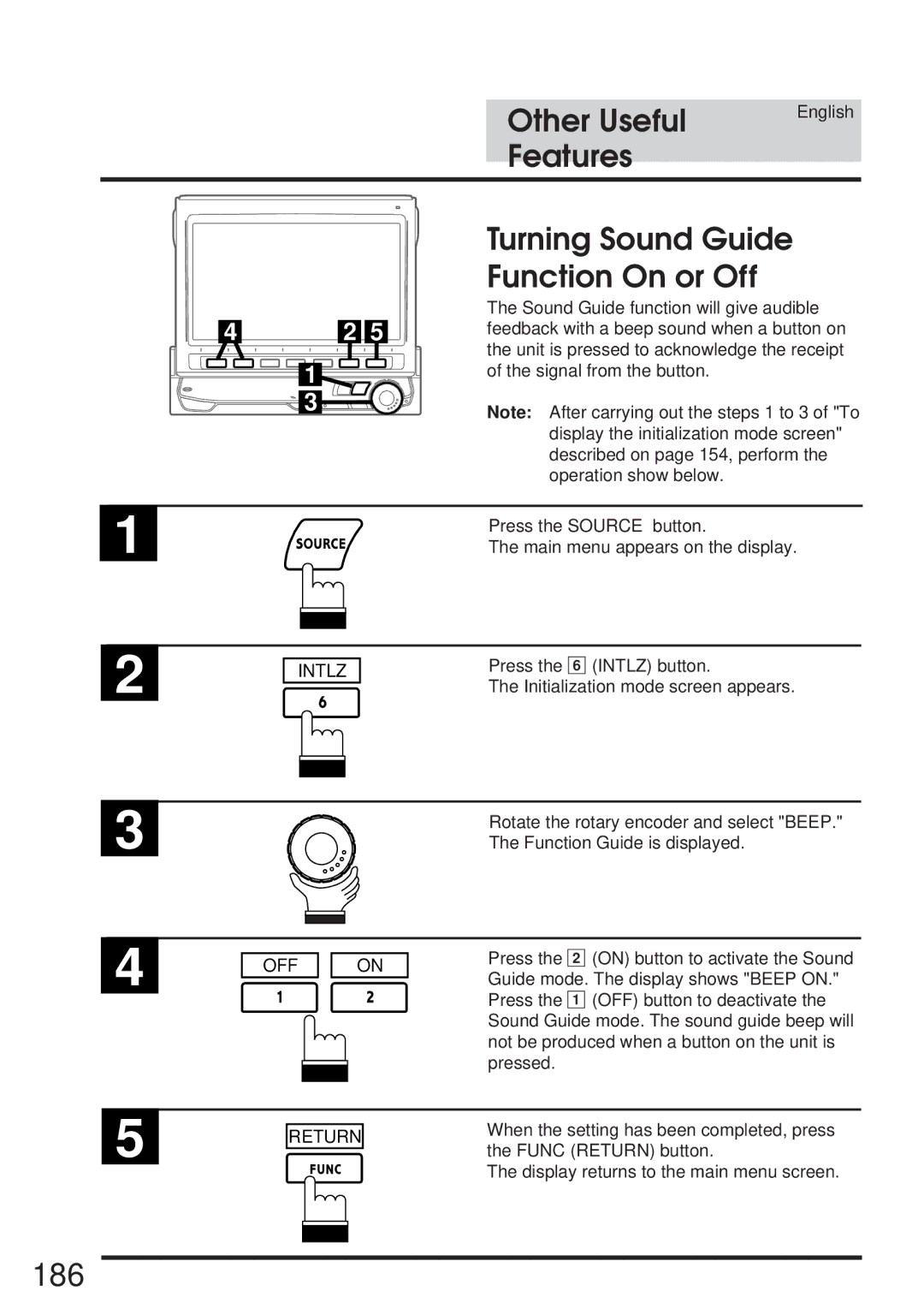 Alpine 68P21523Y62-B owner manual 186, Turning Sound Guide Function On or Off 