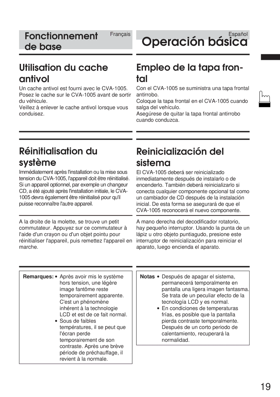 Alpine 68P21523Y62-B De base Utilisation du cache antivol, Empleo de la tapa fron- tal, Réinitialisation du système 