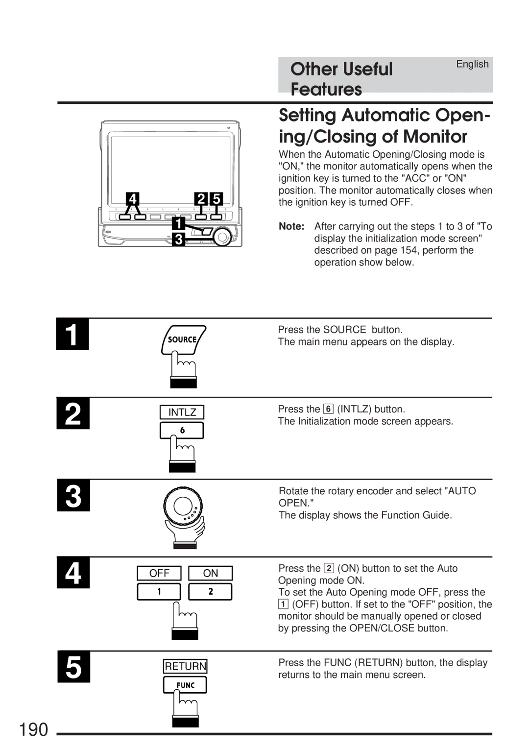 Alpine 68P21523Y62-B owner manual 190, Setting Automatic Open, Ing/Closing of Monitor 