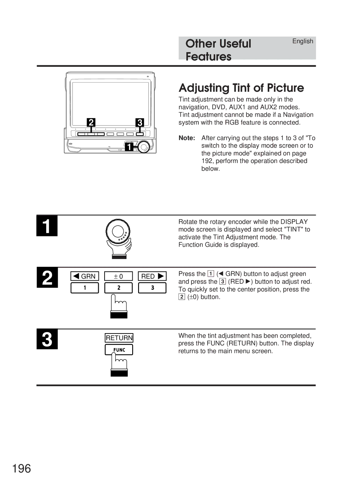 Alpine 68P21523Y62-B owner manual 196, Adjusting Tint of Picture, Red 