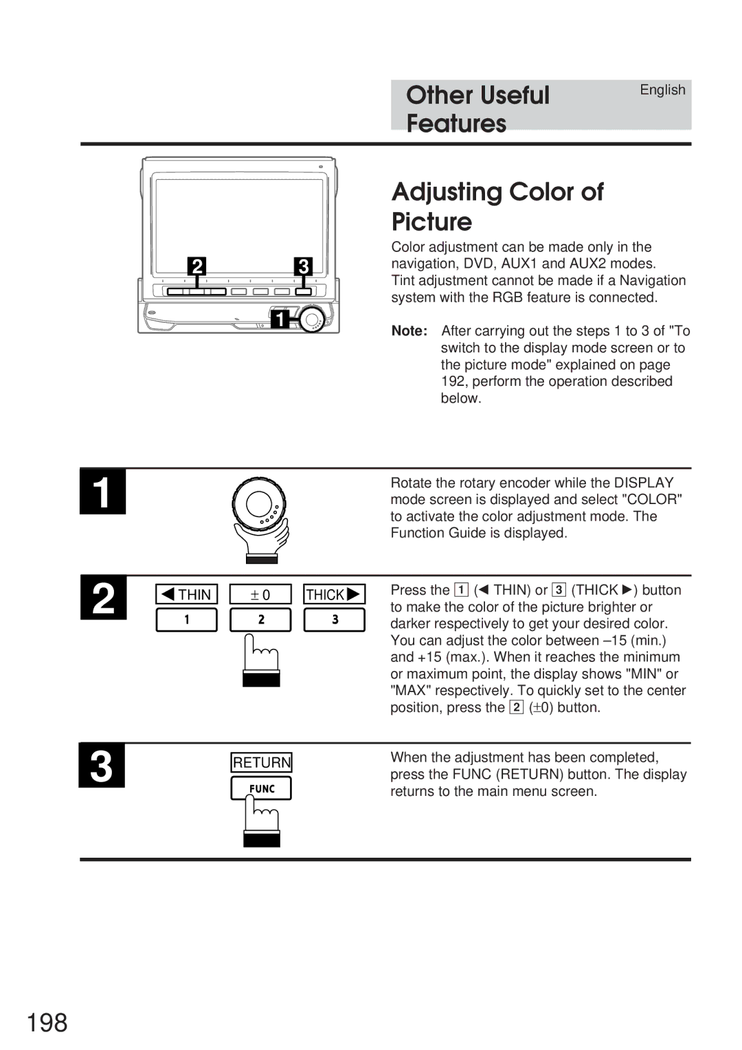 Alpine 68P21523Y62-B owner manual 198, Adjusting Color Picture, Thick 