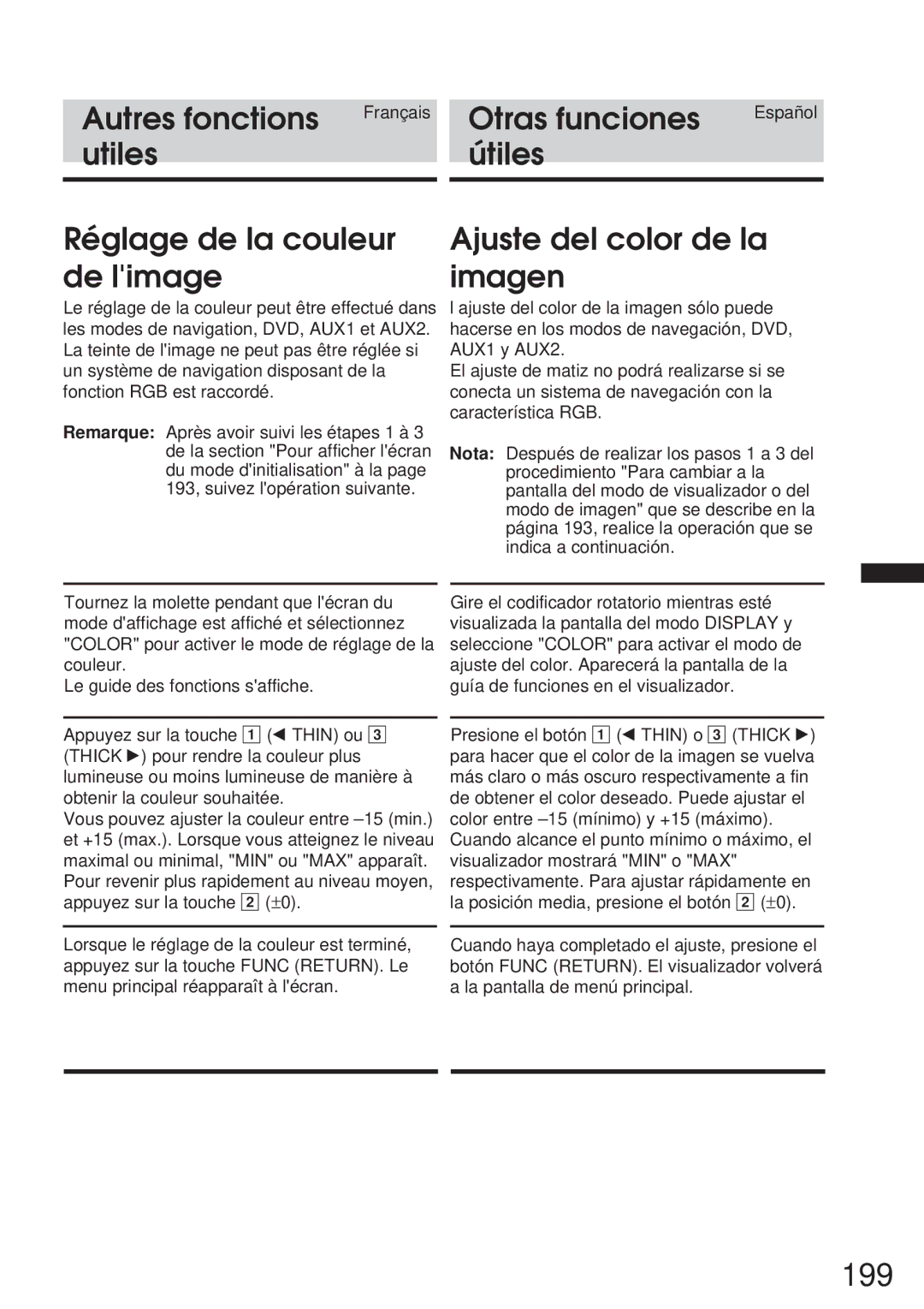 Alpine 68P21523Y62-B owner manual 199, Utiles Útiles Réglage de la couleur de limage, Ajuste del color de la imagen 