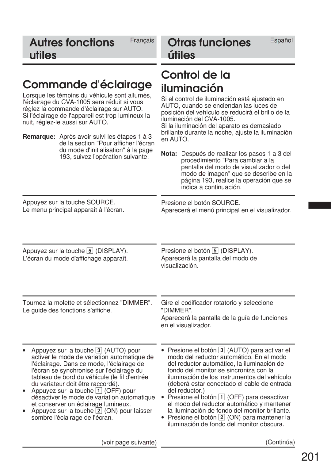 Alpine 68P21523Y62-B owner manual 201, Utiles Útiles Commande déclairage, Control de la iluminación 