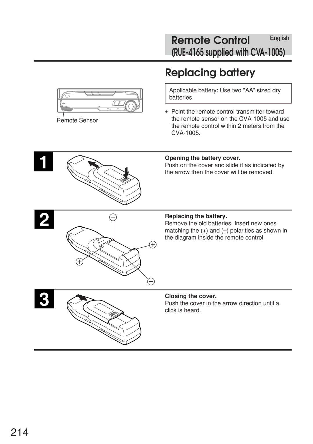 Alpine 68P21523Y62-B owner manual 214, Remote Control, Replacing battery, Opening the battery cover, Closing the cover 