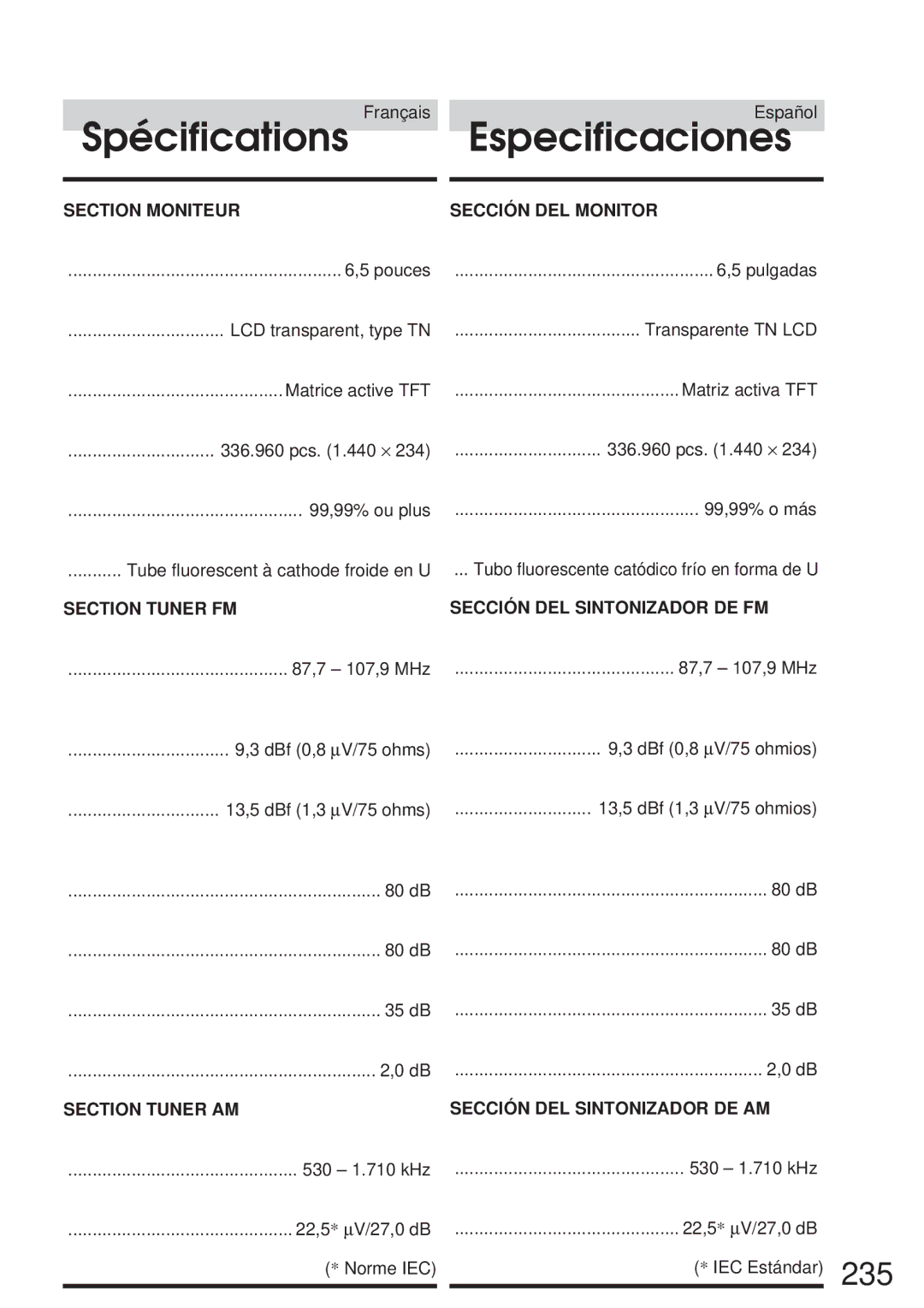 Alpine 68P21523Y62-B owner manual Spécifications Especificaciones, 235 