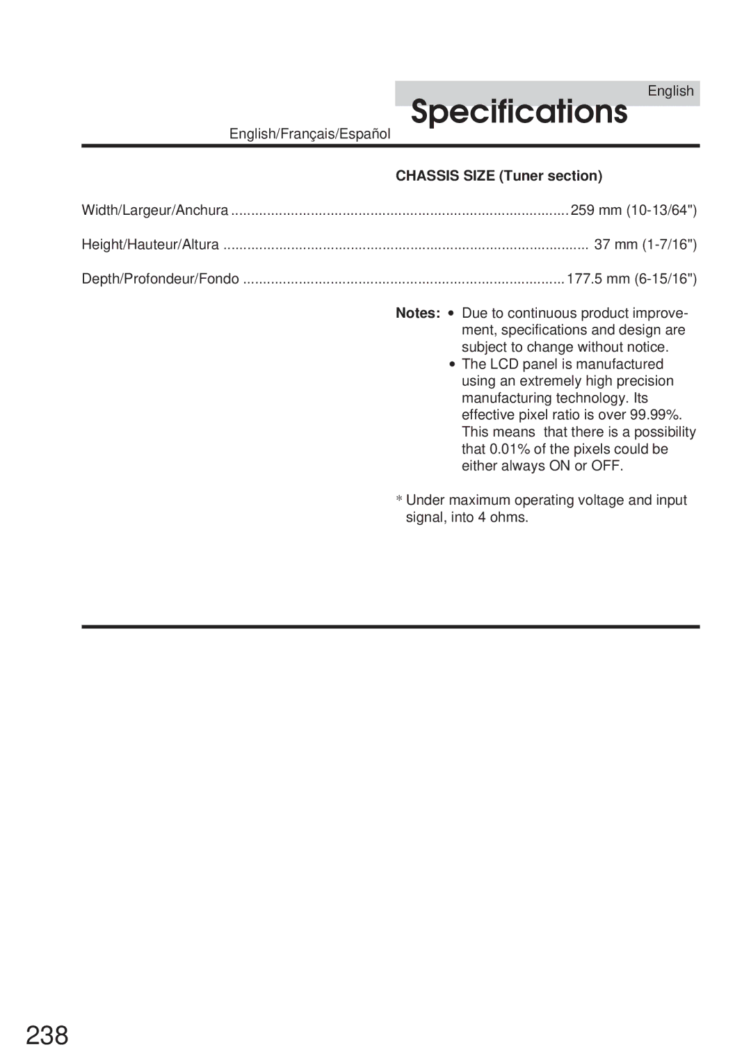 Alpine 68P21523Y62-B owner manual 238, Chassis Size Tuner section 