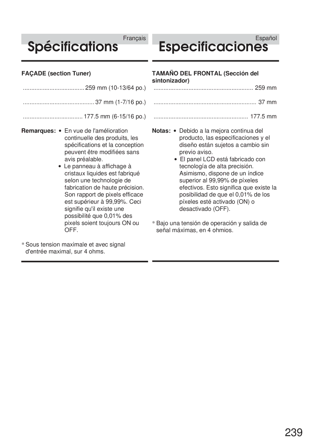 Alpine 68P21523Y62-B owner manual 239, Façade section Tuner, Tamaño DEL Frontal Sección del sintonizador 