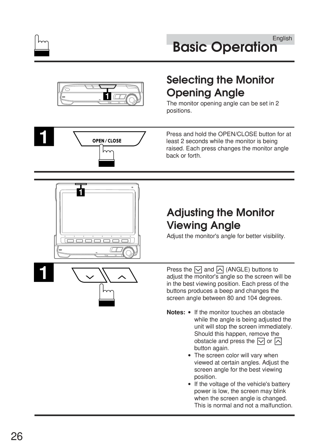 Alpine 68P21523Y62-B owner manual Selecting the Monitor, Opening Angle, Adjusting the Monitor, Viewing Angle 