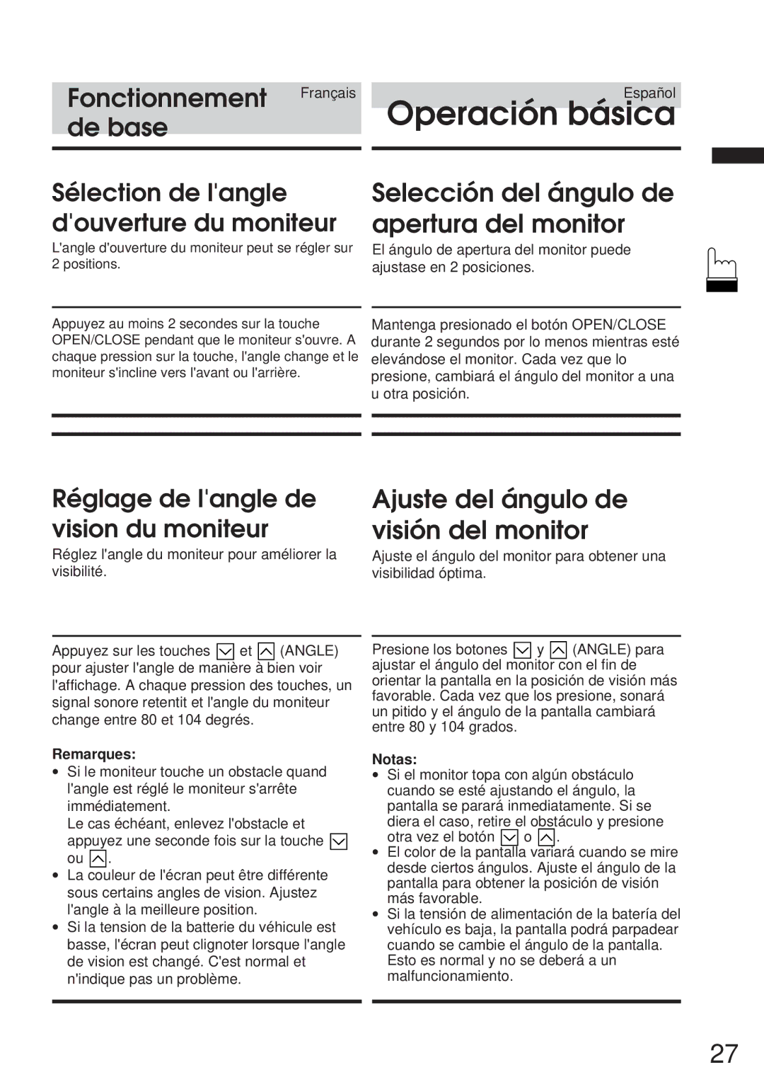 Alpine 68P21523Y62-B De base, Selección del ángulo de apertura del monitor, Ajuste del ángulo de visión del monitor 