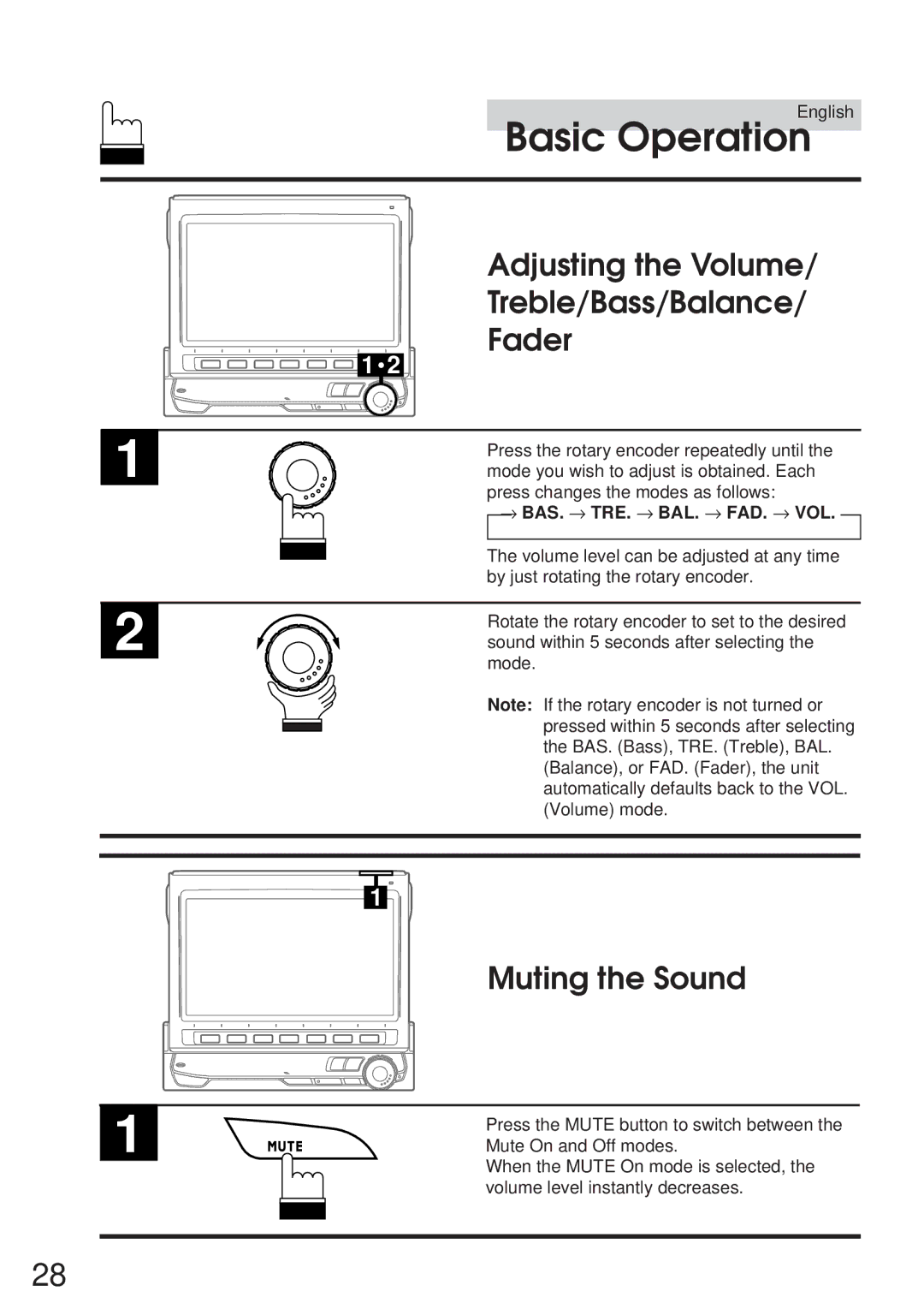 Alpine 68P21523Y62-B Adjusting the Volume Treble/Bass/Balance Fader, Muting the Sound, → Bas. → Tre. → Bal. → Fad. → Vol 