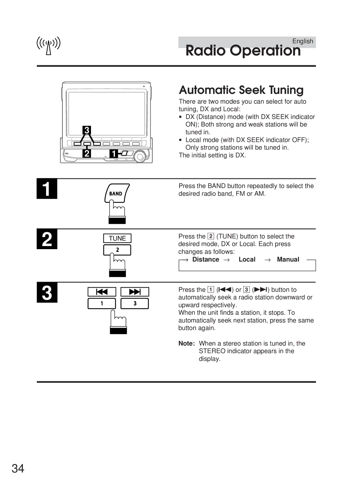 Alpine 68P21523Y62-B owner manual Automatic Seek Tuning, → Distance → Local → Manual 