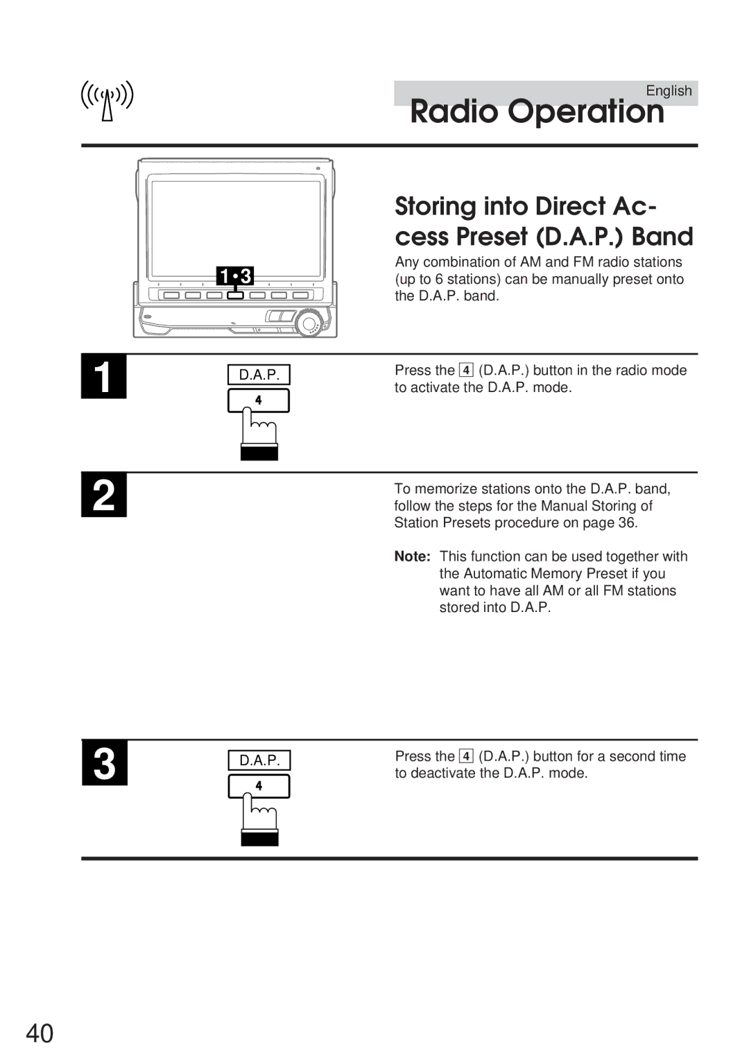 Alpine 68P21523Y62-B owner manual Storing into Direct Ac- cess Preset D.A.P. Band 