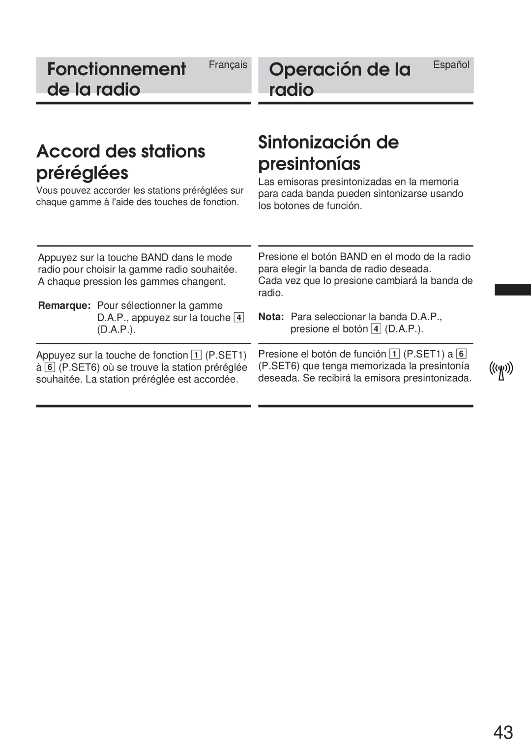 Alpine 68P21523Y62-B owner manual De la radio Radio Accord des stations préréglées, Sintonización de presintonías 