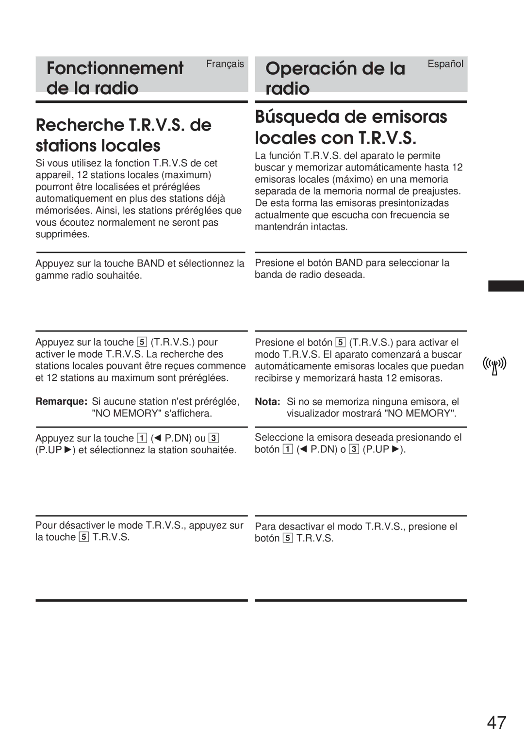 Alpine 68P21523Y62-B owner manual Búsqueda de emisoras locales con T.R.V.S, Recherche T.R.V.S. de stations locales 