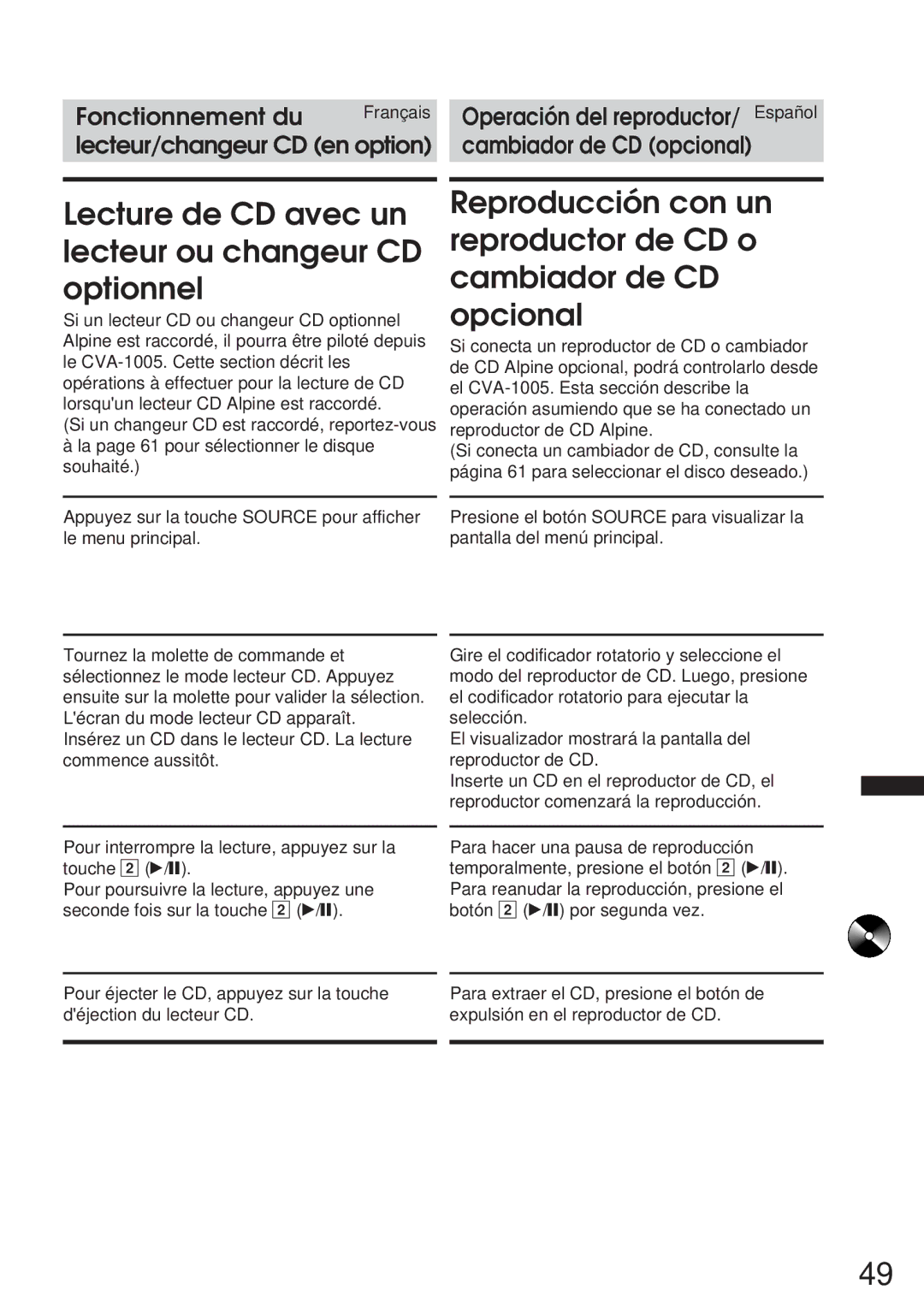 Alpine 68P21523Y62-B owner manual Lecture de CD avec un lecteur ou changeur CD optionnel 