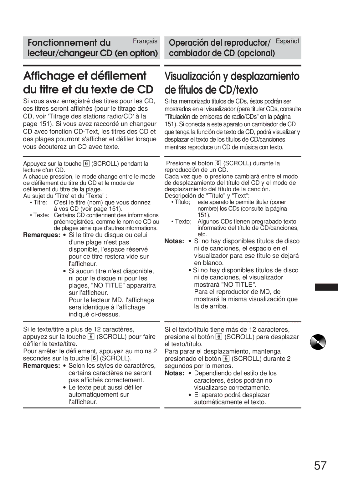 Alpine 68P21523Y62-B owner manual Affichage et défilement du titre et du texte de CD 