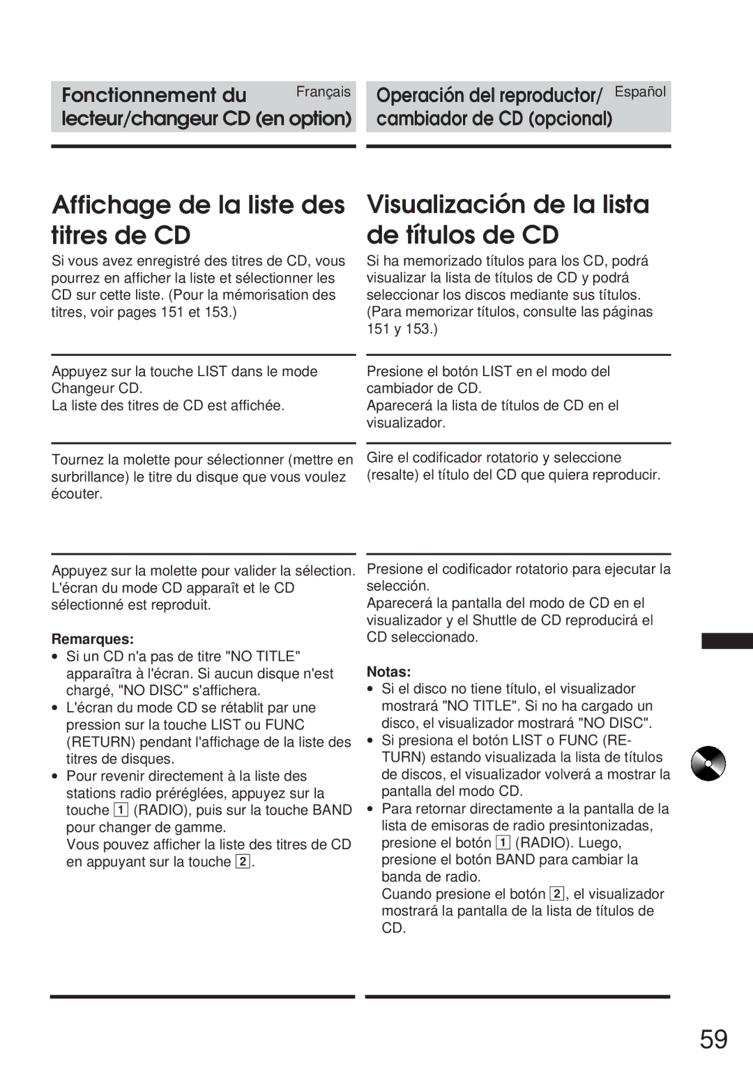 Alpine 68P21523Y62-B owner manual Affichage de la liste des titres de CD, Visualización de la lista de títulos de CD 