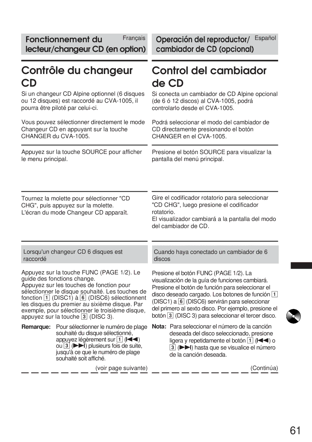 Alpine 68P21523Y62-B owner manual Contrôle du changeur, Control del cambiador de CD 