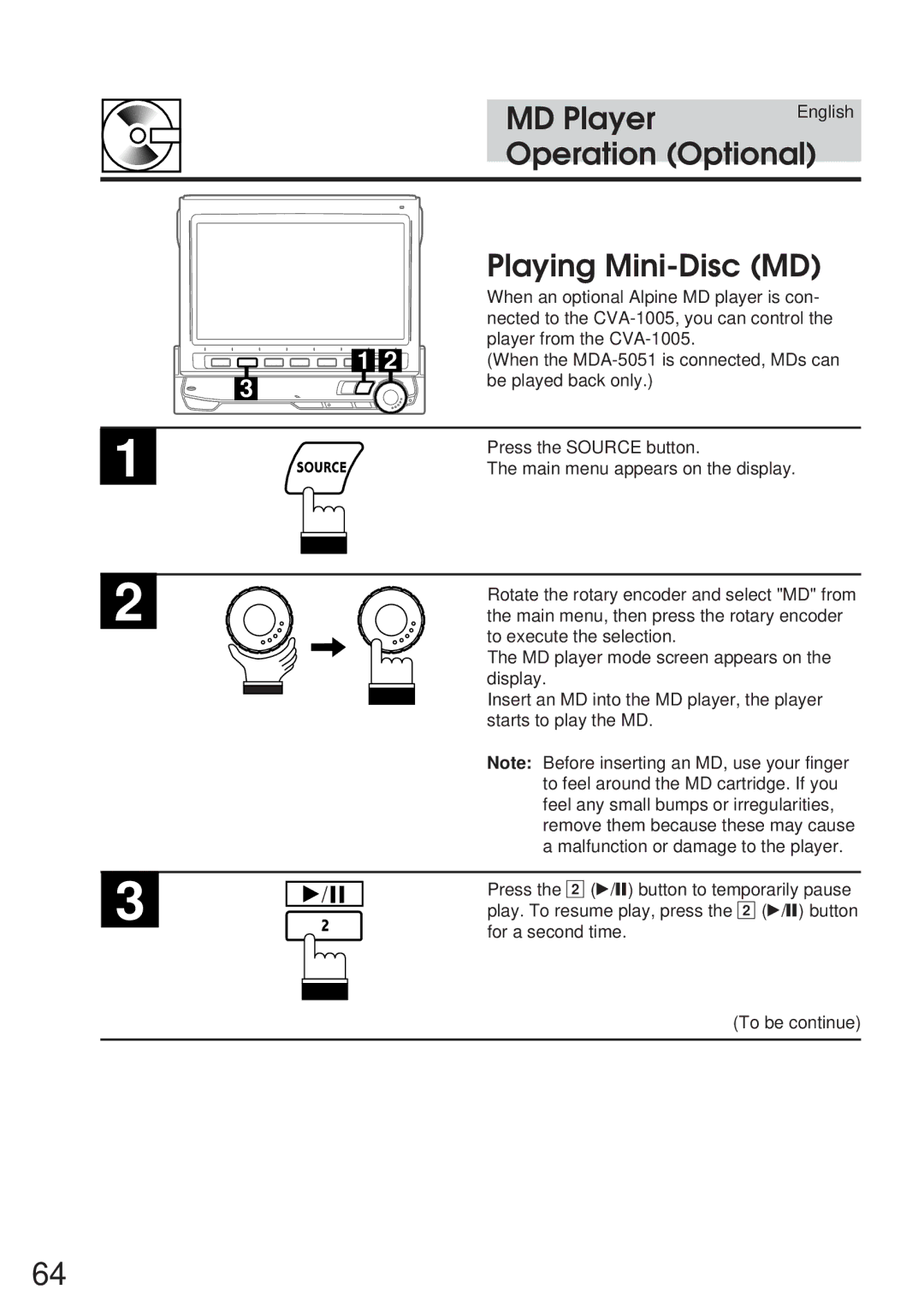 Alpine 68P21523Y62-B owner manual MD Player, Playing Mini-Disc MD 