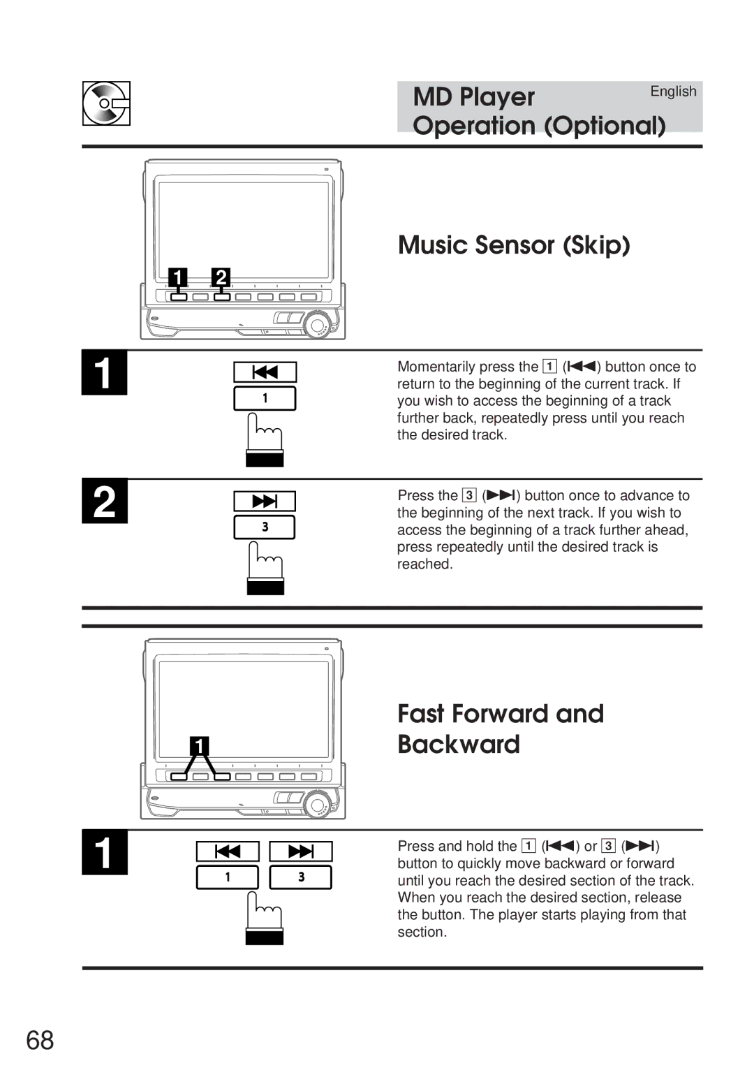 Alpine 68P21523Y62-B owner manual Music Sensor Skip, Fast Forward 1Backward 