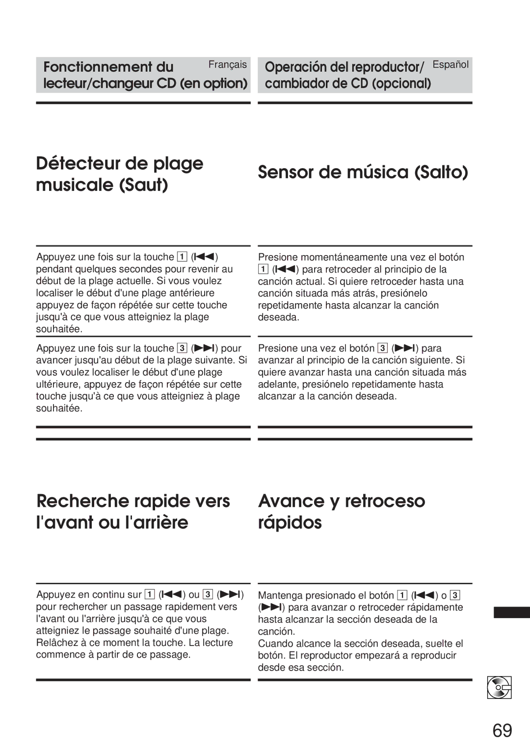 Alpine 68P21523Y62-B owner manual Détecteur de plage Sensor de música Salto Musicale Saut 