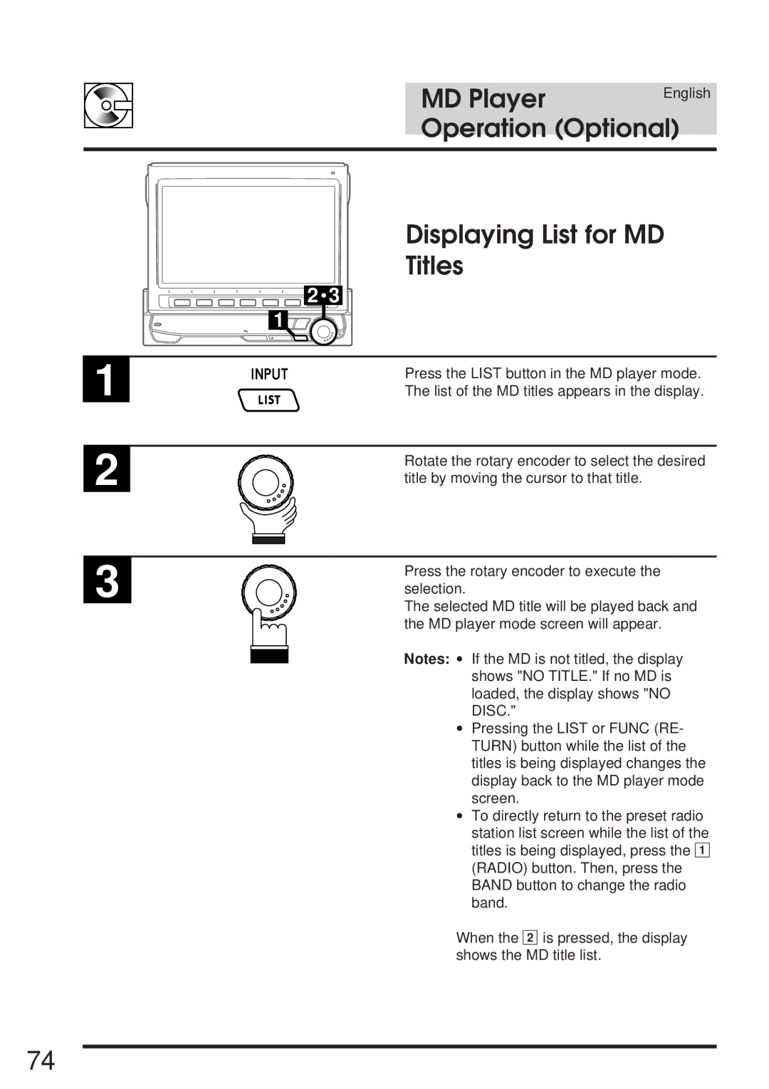 Alpine 68P21523Y62-B owner manual Displaying List for MD Titles 