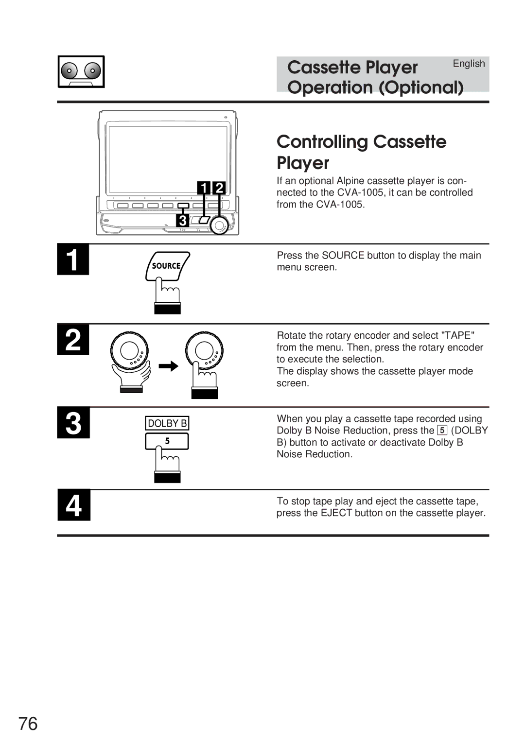 Alpine 68P21523Y62-B owner manual Controlling Cassette Player, Dolby B 